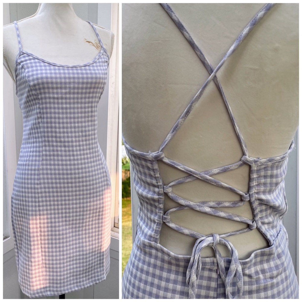 Iris Lilac White Gingham Stretch Open Back Ties Mini Scoop-neck Sleeveless Dress